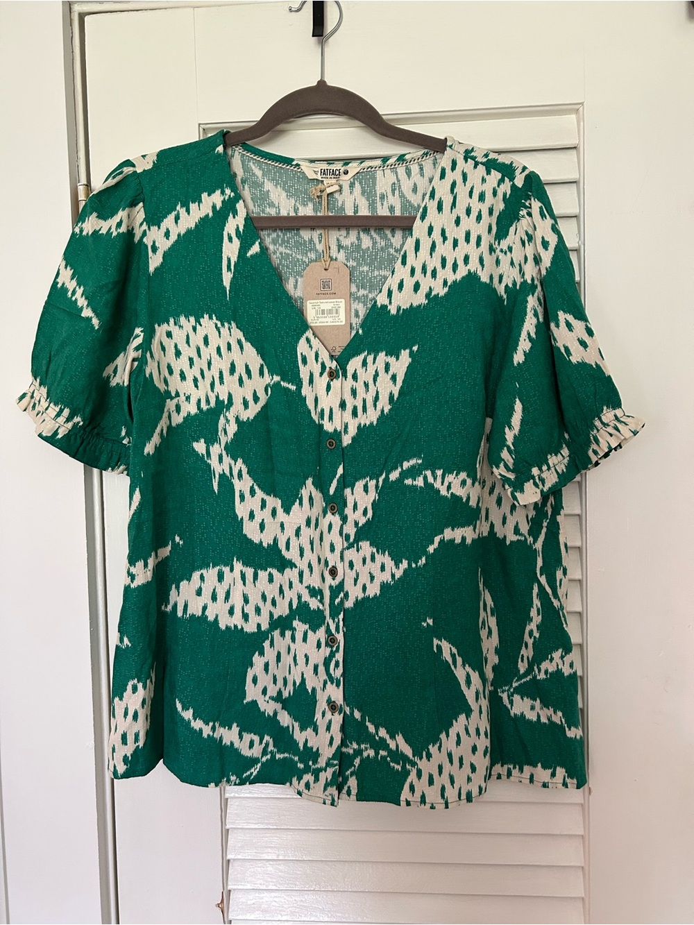 Fat Face Green and White Printed Button-Front Blouse